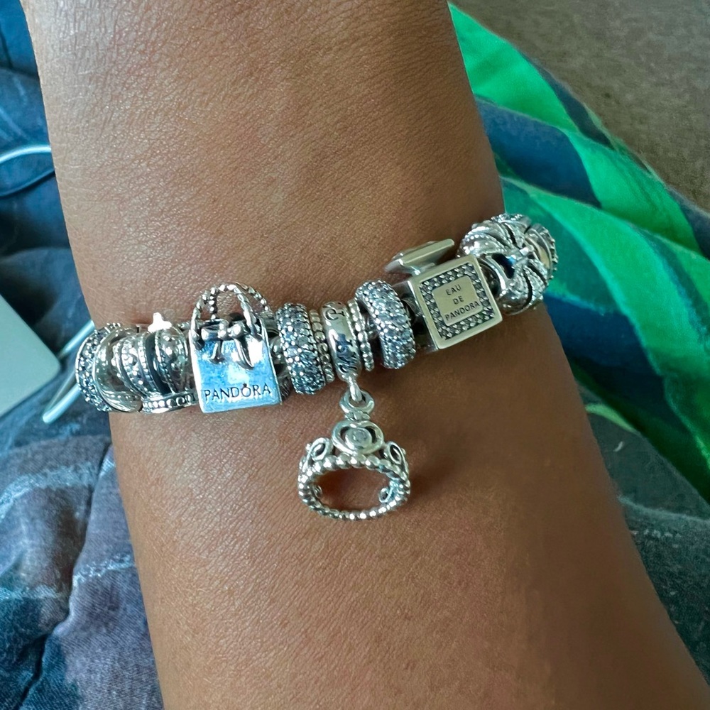 Pandora charm bracelet with 2 retired charms